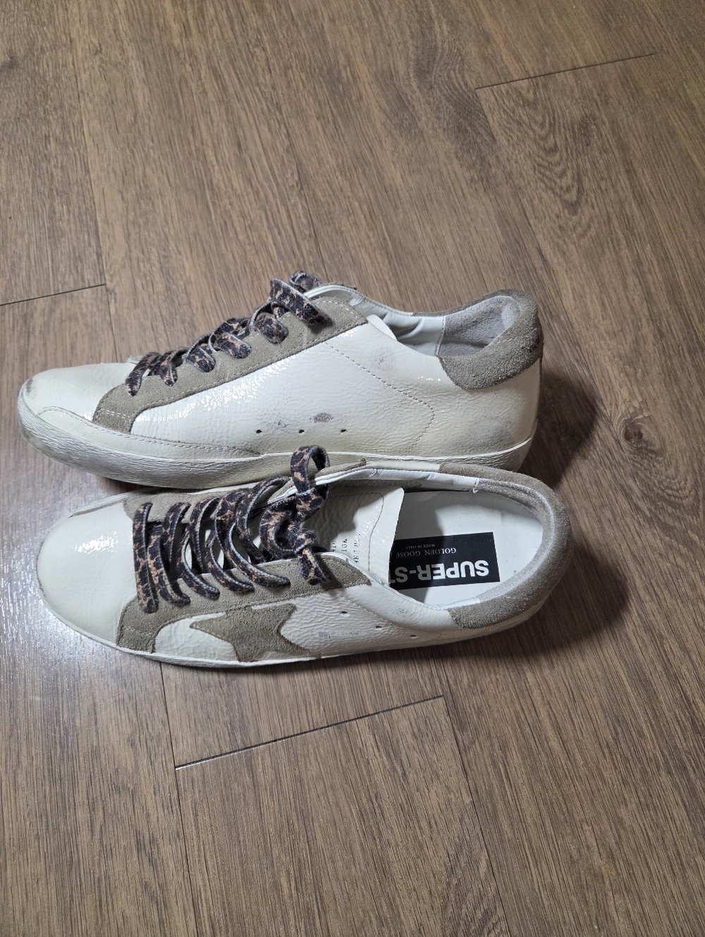 Golden Goose Cream Leather and Taupe Suede Sneakers with Animal Print Laces - Picture 3 of 9